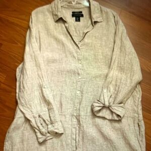 XL 100% LINEN Tahari ladies tan/beige long line, button down blouse beach lounge